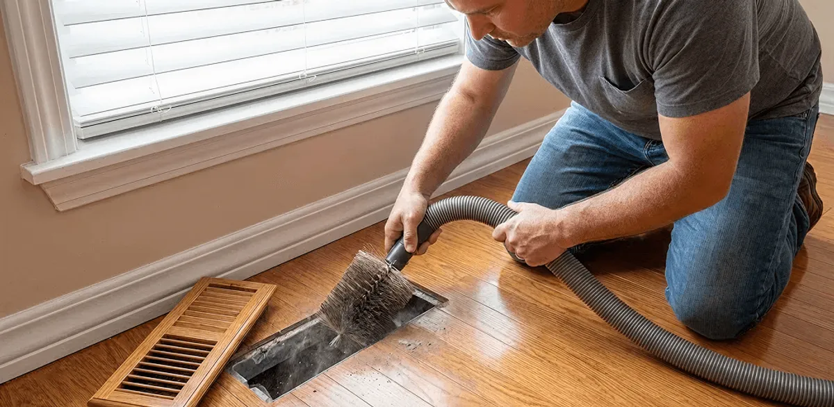 Air duct cleaning technician vacuuming a floor vent and duct opening in Cambridge, MA