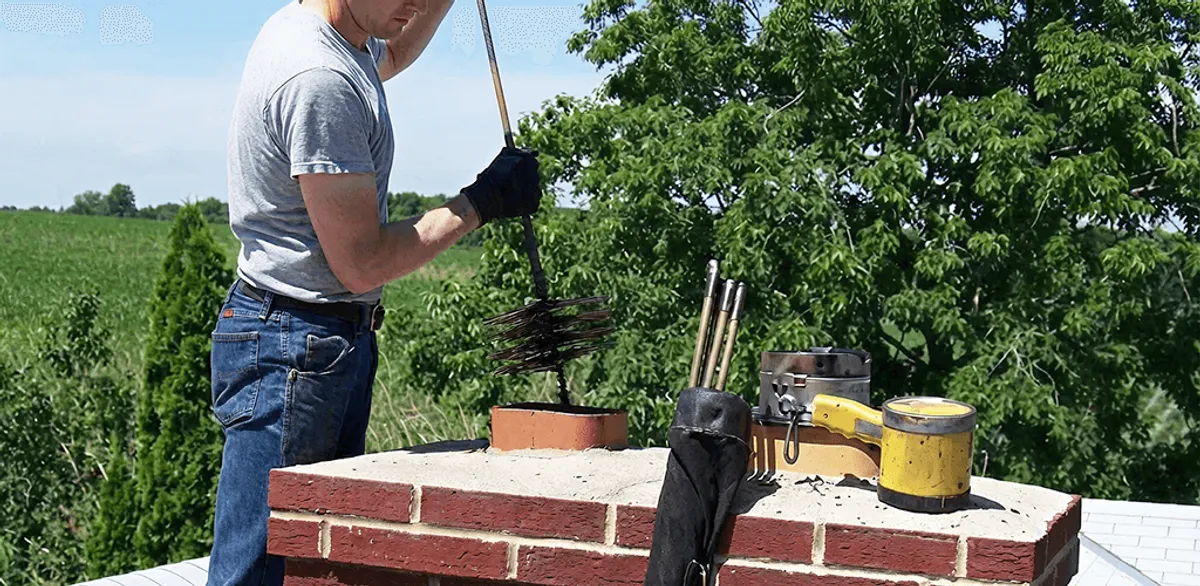 Chimney cleaning technician working on a rooftop chimney with professional tools in Cambridge, MA