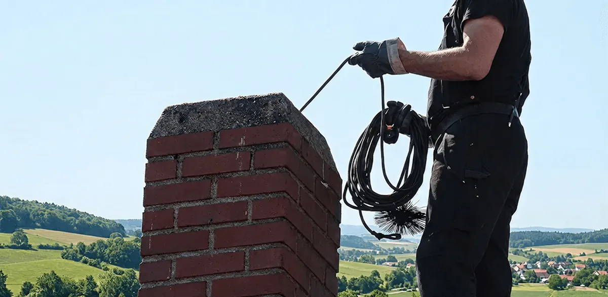 Chimney sweep inspecting and cleaning a rooftop chimney in Cambridge, MA