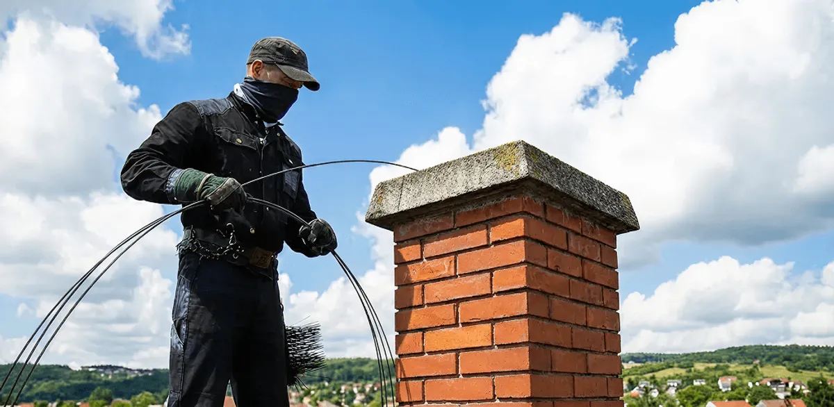 Chimney sweep cleaning a brick chimney with professional tools in Cambridge, MA