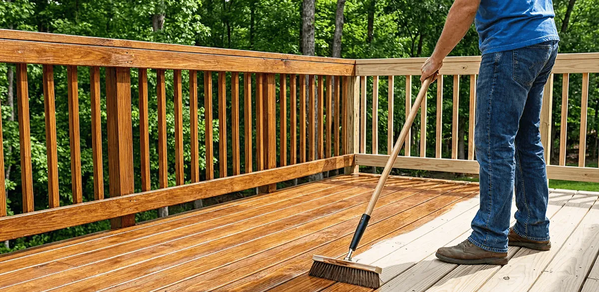 Deck staining and sealing application on a wood deck in Cambridge, MA