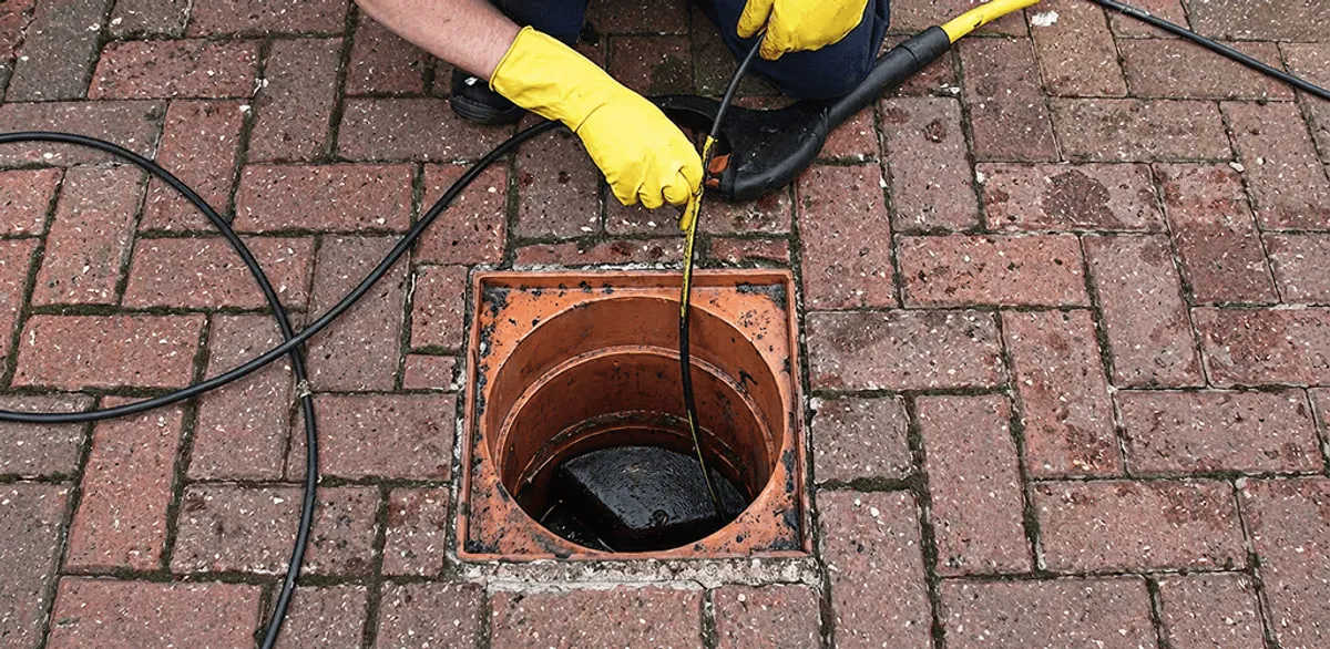Drain cleaning technician using a drain snake to clear a clogged drain in Cambridge, MA