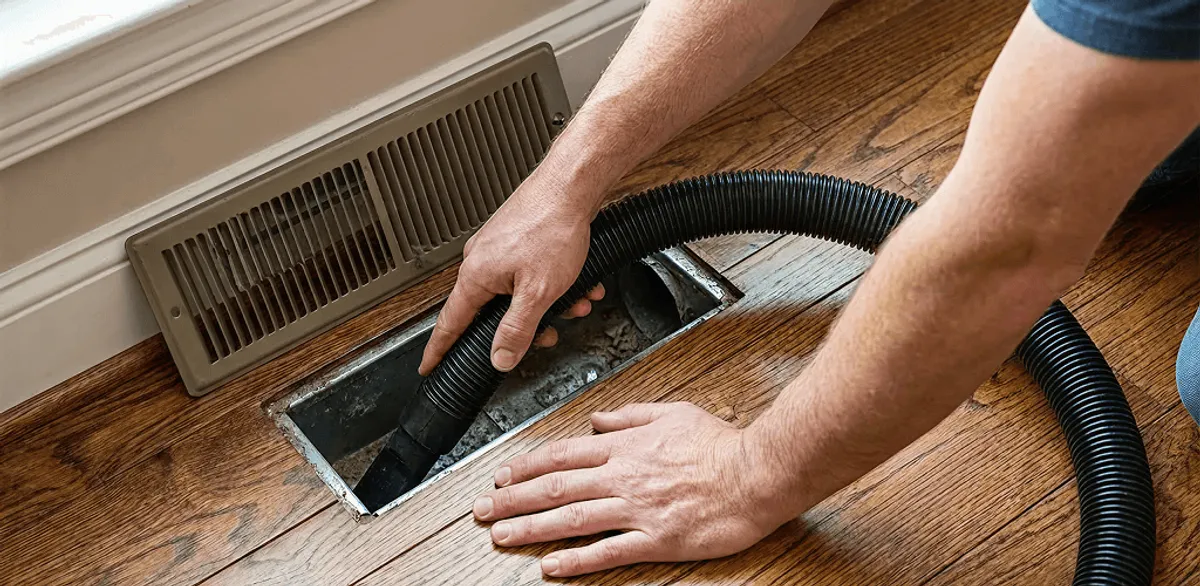 Air duct cleaning technician vacuuming a floor register and duct opening in Cambridge, MA