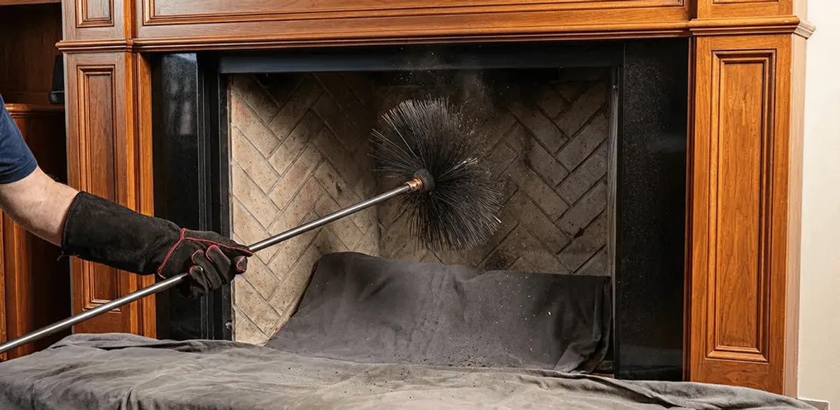 Chimney cleaning service brushing soot from a fireplace and flue in Cambridge, MA