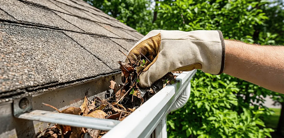 Gutter cleaning removing leaves and debris from roof gutters in Cambridge, MA