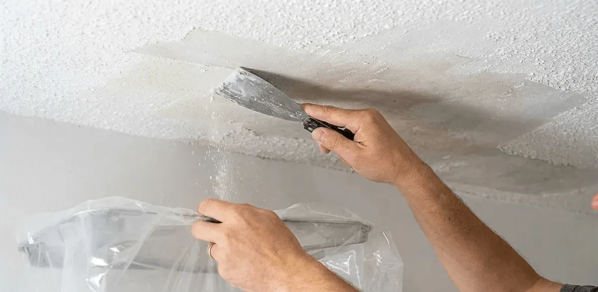 Popcorn ceiling removal technician scraping texture from a ceiling in Cambridge, MA