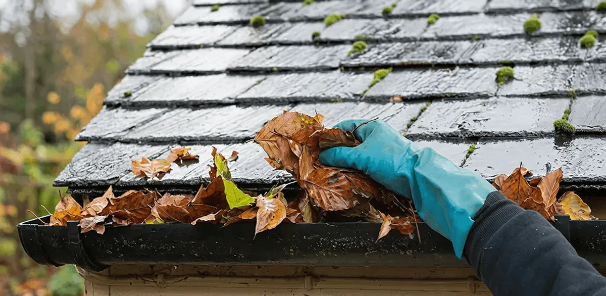 Gutter cleaning technician clearing wet leaves from roof gutters in Cambridge, MA