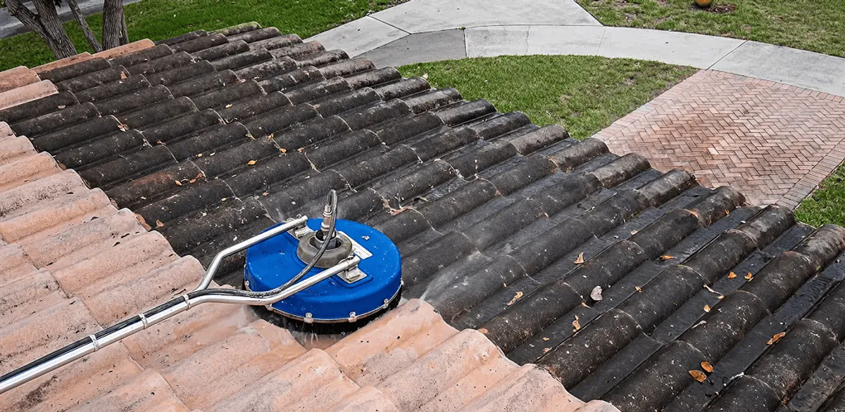 Roof pressure cleaning removing debris and buildup from roof tiles in Cambridge, MA
