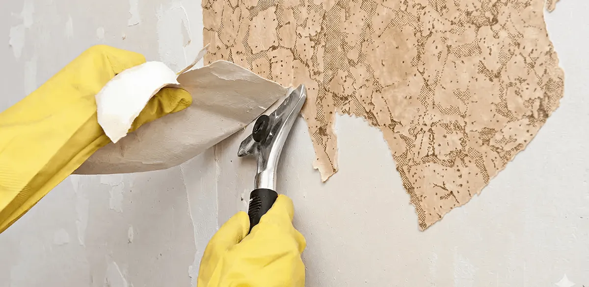 Wallpaper removal service stripping old wallpaper from a wall in Cambridge, MA