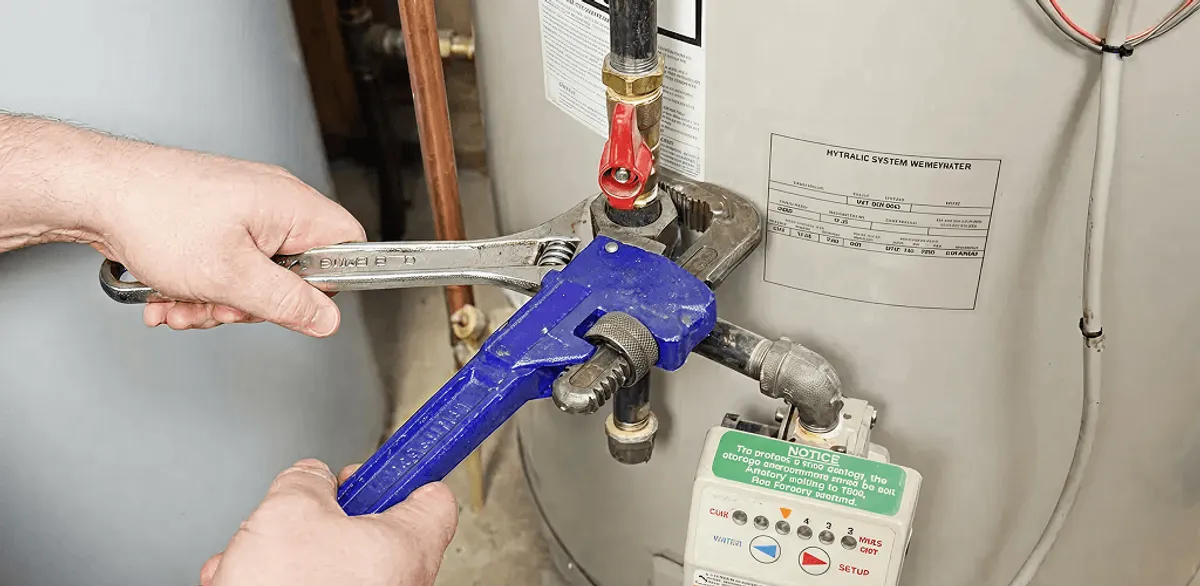 Water heater repair technician tightening the shutoff valve and supply line in Cambridge, MA