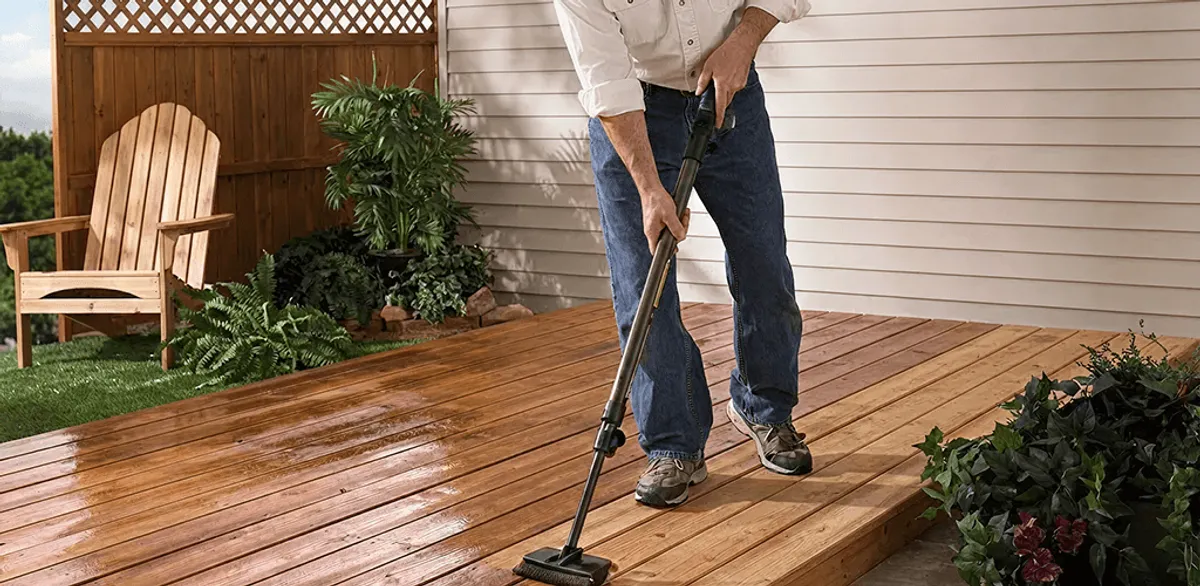 Deck staining service applying stain to a backyard wood deck in Cambridge, MA
